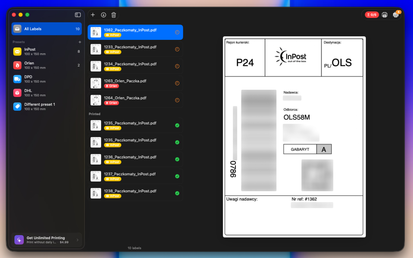 LabelPrint app — shipping label cropping and printing