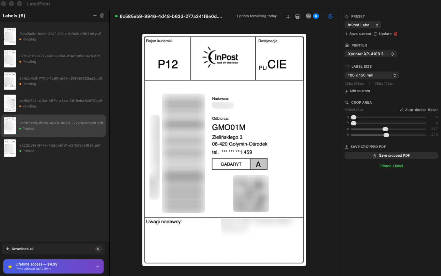 LabelPrint app — shipping label cropping and printing